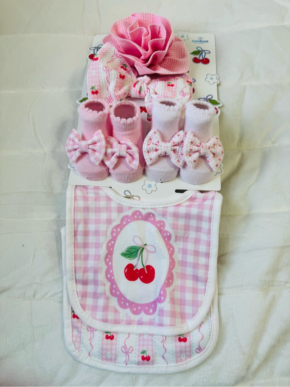 Pink Cherry Bib Set with Matching Socks and Headband